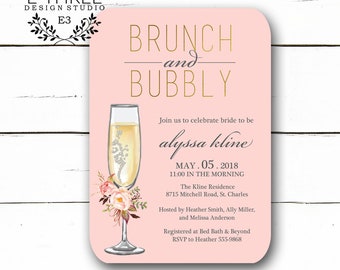 May include: Pink invitation card with gold lettering for a brunch and bubbly bridal shower. The invitation features a champagne flute with floral accents and the text "BRUNCH and BUBBLY" and "Join us to celebrate bride to be alyssa kline MAY. 05. 2018 11:00 IN THE MORNING The Kline Residence 8715 Mitchell Road, St. Charles Hosted by Heather Smith, Ally Miller, and Melissa Anderson Registered at Bed Bath & Beyond RSVP to Heather 555-9868".