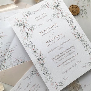May include: A wedding invitation with a floral border. The invitation is for Penelope Michelle Smith and Matthew Patrick Forester. The wedding will be held on Saturday, June 5th, 2025 at 4:00 PM at Farmhouse Winery Cellars in St. Charles, Missouri. The reception will follow at The Abbey in St. Louis, Missouri.