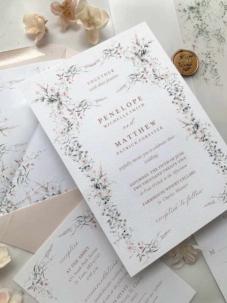 May include: A wedding invitation with a floral border. The invitation is for Penelope Michelle Smith and Matthew Patrick Forester. The wedding will be held on Saturday, June 5th, 2025 at 4:00 PM at Farmhouse Winery Cellars in St. Charles, Missouri. The reception will follow at The Abbey in St. Louis, Missouri.
