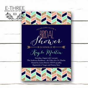 Invitación de ducha nupcial tribal, Chevron azteca moderno y flechas ducha nupcial invitar con la ducha de coral de oro de menta de la marina #1001