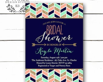 Tribal Bridal Shower Invitation, Modern Aztec Chevron and Arrows Bridal Shower Invite with Navy Mint Gold Coral Shower #1001