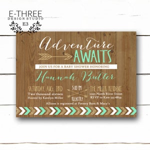 Rustiek avontuur wacht Baby Boy Shower Uitnodiging met Mint en Gold, Tribal Wood en Arrow Boy Shower nodigt uit #1026