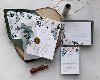 Suite di inviti di nozze floreale bianco avorio, set di inviti di nozze nel verde dell'acquerello, pergamena e sigillo di cera invita, collezione Kellen