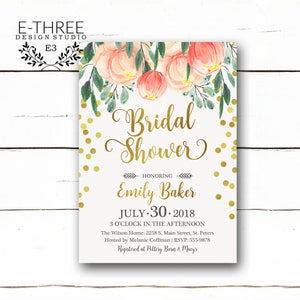 Peach and Coral Bridal Shower Invitations- Floral Bridal Shower Invites - Wedding Shower Invitation - Gold Foil - Watercolor