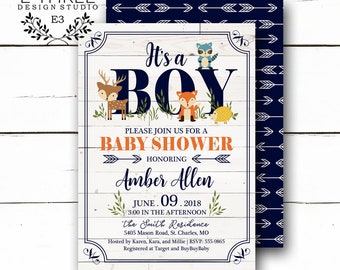 Woodland Animal Baby Shower Invitations - Rustic Baby Boy Shower Invitations - Navy, Orange, Teal - Arrows, White Wood - Fox, Deer, Raccoon