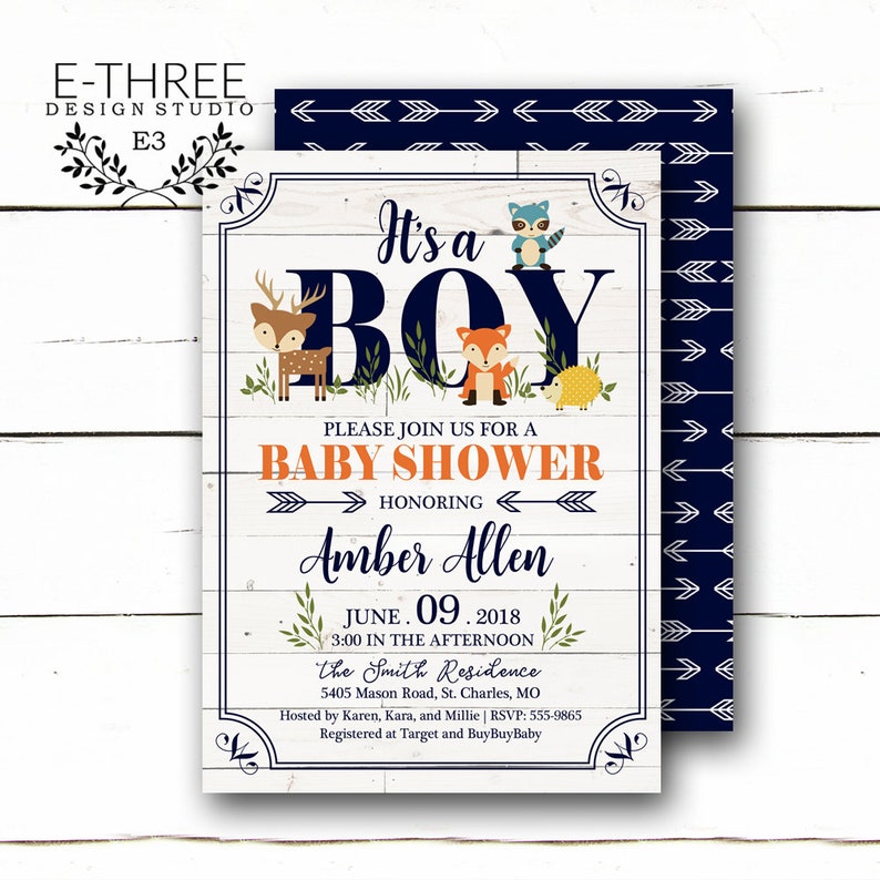 Woodland Animal Baby Shower Invitations Rustic Baby Boy Shower Invitations Navy, Orange, Teal Arrows, White Wood Fox, Deer, Raccoon image 1