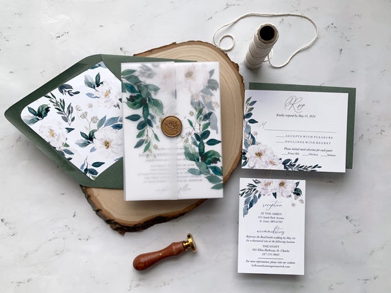 Vellum Wedding Invitations Floral, White Flower Wedding Invitations With  Vellum Wrap, Watercolor Greenery Wedding Invitation Suite Printed 