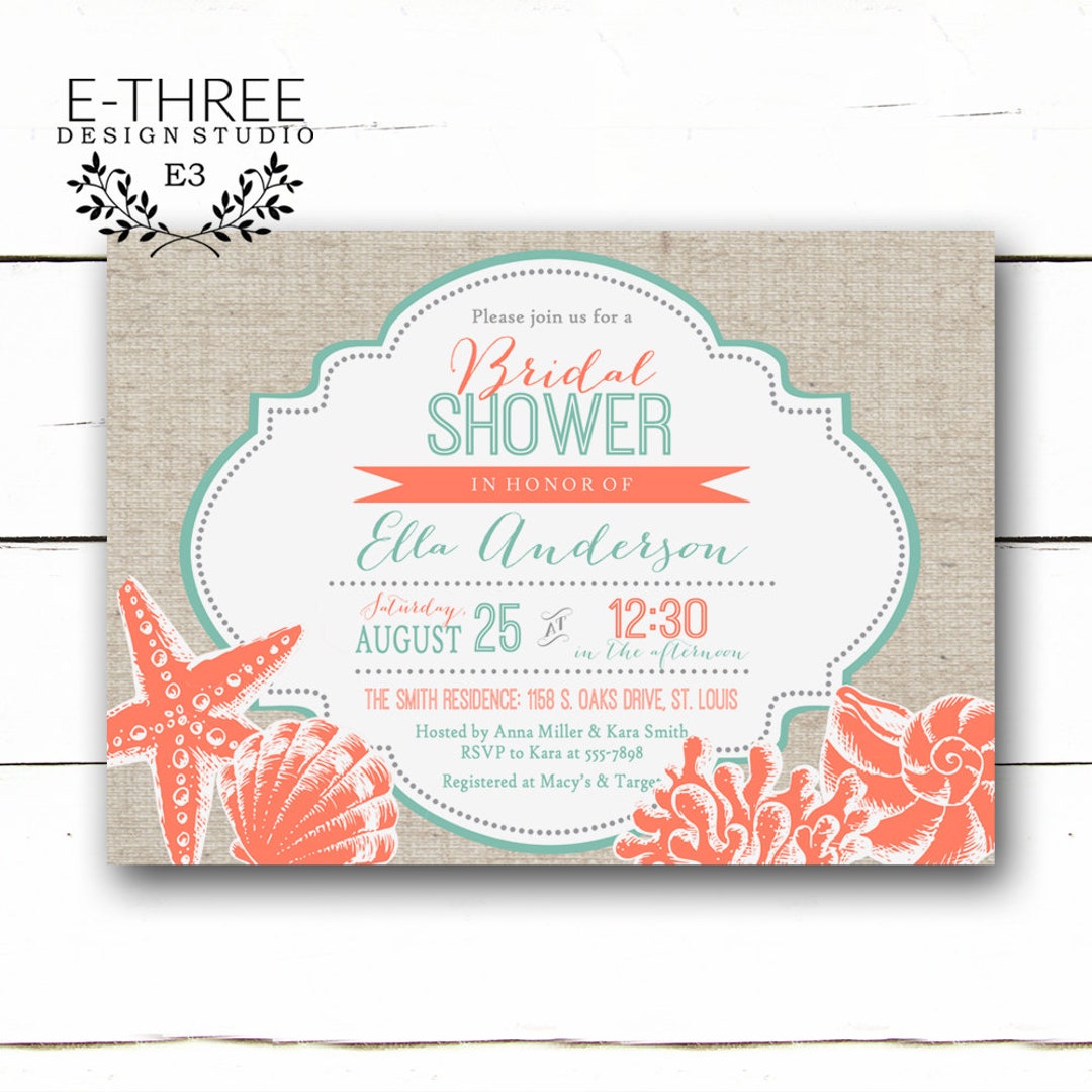 Beach Bridal Dusche Einladungsset – 25 Karten + Umschläge, Nautisches Design Mit Korallen & Muscheln