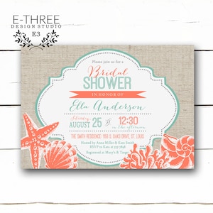 Invitación de la ducha de la novia de la playa - Coral y teal Seashell ducha de la boda invitan - boda del destino náutico - lino #1058