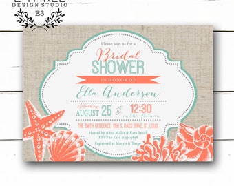 Beach Bridal Shower Invitation - Coral and Teal Seashell Wedding Shower Invite - Nautical Destination Wedding - Linen #1058