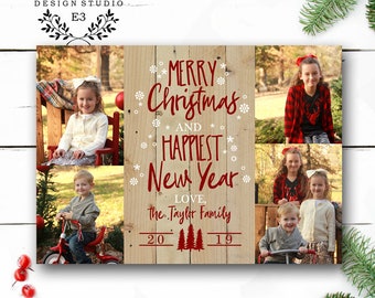 Rustic Wood Christmas Photo Card - Four Photo Holiday Card with Barn Wood - Digital Christmas Card with Snowflakes