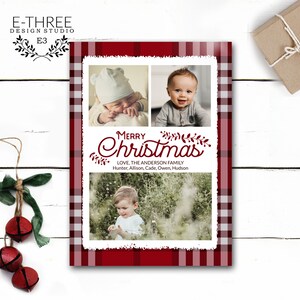 Rote Karierte Weihnachtskarte, Rote Karierte Drei Fotokarte, karierte Weihnachtskarte, gedruckte oder digitale Weihnachtskarten