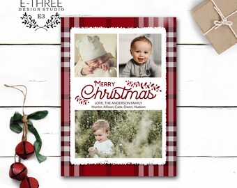 Rustic Red Plaid Christmas Card, Red Plaid Three Photo Card, Plaid Holiday Card, Printed or Digital Christmas Cards