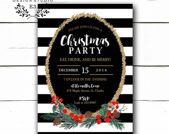 Holly Christmas Party Invitation - Black Stripes and Gold Glitter -  Foliage - Modern Holiday