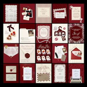 May include: A collage of Valentine's Day themed cards and invitations in shades of red and white. Some cards feature lace, pearls, and decorative frames. Others include images of cocktails, hearts, and the text "Free" and "Val's Special".