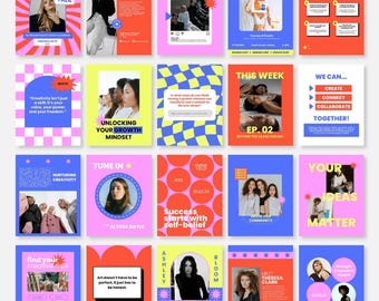 Retro Boho Instagram Templates, Bright Social Media Feed, Y2K Content Bundle Pack (Canva Editable)