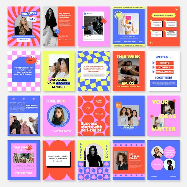 Modelli Instagram in stile retrò boho, feed social luminosi, contenuti neon Y2K (modificabili su Canvas)