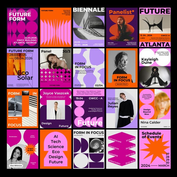 Può includere: Una griglia di venti poster di design grafico caratterizzati da una vivace tavolozza di colori magenta, arancione, viola e nero. I poster mostrano vari layout, tra cui forme geometriche astratte, tipografia e ritratti fotografici di individui.