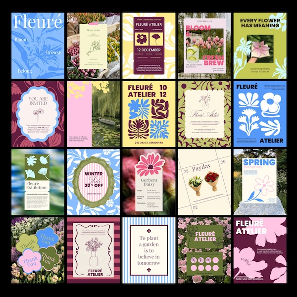 Può includere: Una collezione di venti modelli di design grafico rettangolari con motivi floreali, tipografia e illustrazioni botaniche in varie tavolozze di colori, tra cui blu, rosa, giallo, verde e viola, disposti in una griglia.