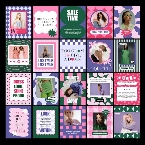 Plantillas de Instagram coloridas y geniales del año 2000, diseños editables en Canva (descarga digital)