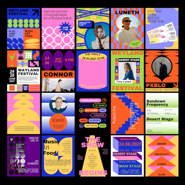 Può includere: Una collezione di venticinque poster grafici dai colori vivaci per il Weyland Festival, con audaci motivi geometrici, tipografia, date, nomi dei palchi e fotografie di artisti disposti in una griglia di cinque per cinque.