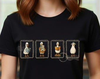 Camiseta Silly Goose Reading / Regalo divertido para profesores amantes de los libros / Camiseta con sello de bibliotecario / Camiseta moderna de otoño para amantes de los libros / Camiseta retro para clubes de lectura