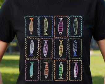 Camiseta con estampado de sardinas en lata, camiseta moderna estilo abuela costera, camiseta con estética retro para amantes de la comida, regalo vintage mediterráneo para amantes del marisco.
