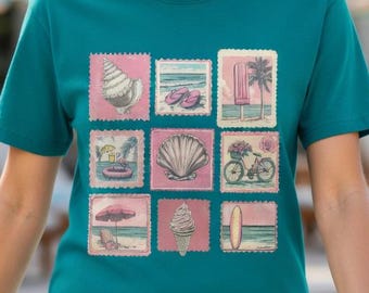 Camiseta vintage de vacaciones de verano en la playa, ropa con estampado costero, linda camiseta playera para mujer, estética retro para amantes del mar, regalo de vacaciones tropicales