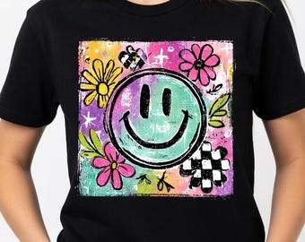 Camiseta retro con carita sonriente para niñas, camiseta femenina con carita feliz, camiseta gráfica moderna y estética para niños, ropa juvenil moderna y preppy, lindo regalo de cumpleaños