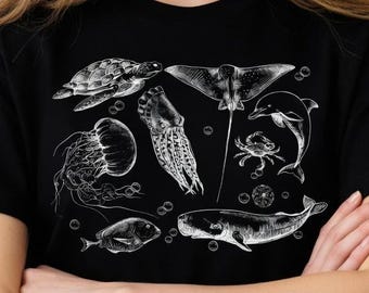 Camiseta de animales marinos estilo vintage de los 90, camiseta retro Y2K con estampado oceánico, camiseta estética de ballena, orca, tortuga y delfín, regalo para amantes de la naturaleza y la vida marina.