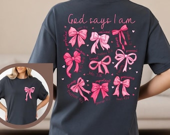 Camiseta con lazo "Dios dice que soy coqueta", camiseta cristiana para mujer con versículo bíblico, regalo de fe con lazo rosa, camiseta con estampado estético de Jesús, blusa femenina para la iglesia.