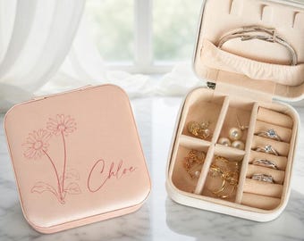 Gepersonaliseerde bruidsmeisje geboorte bloem sieraden reisdoos, aangepaste cadeaus bruidsmeisje, verjaardagscadeau voor haar, Moederdagcadeau cadeau bruidsfeest