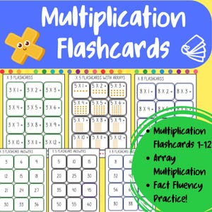 Könnte beinhalten: Lehrreiche Multiplikationskarten mit dem Text "Multiplication Flashcards" in einem farbenfrohen Design. Enthält Multiplikationsaufgaben und Antworten, mit Arrays für visuelles Lernen. Mit "Fact Fluency Practice!"