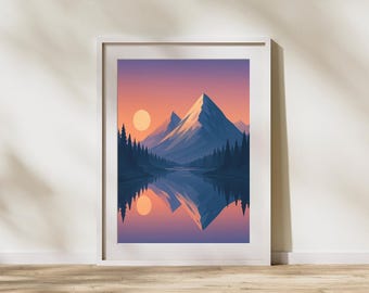 Sunset Mountain Reflections – Minimalist Nature Landscape Wall Art Print