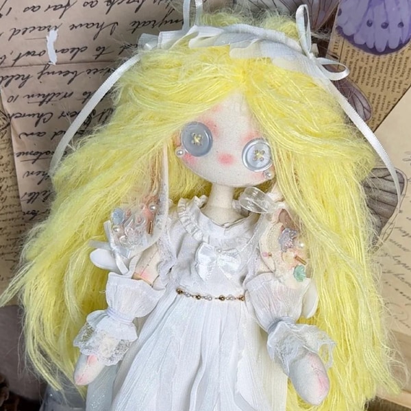 Handmade Blonde Rag Doll, 12 inch Waldorf-Style Art Doll in White Dress
