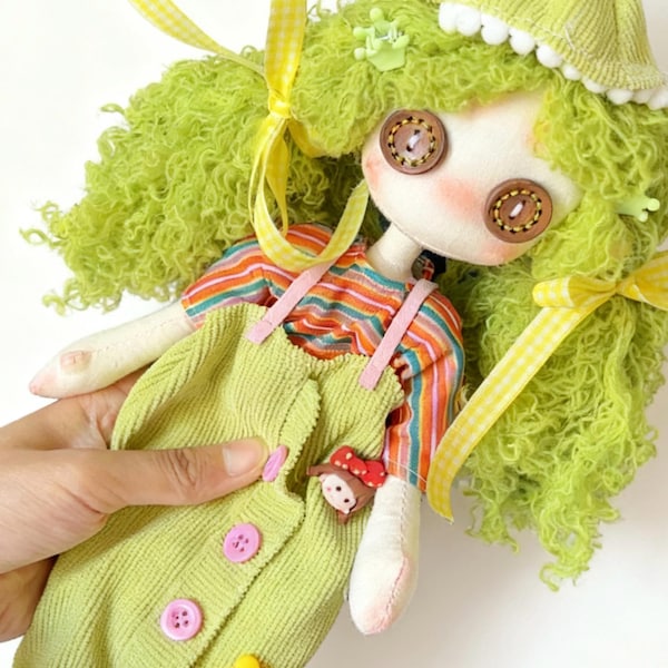 Handmade Green Hair Rag Doll, Waldorf Style Art Doll, 12 inch