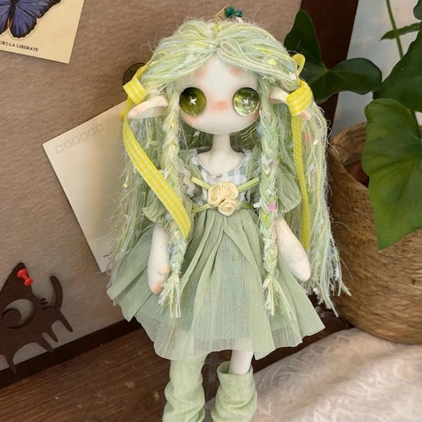 Handmade Green Fairy Art Doll with Braided Hair, 12 Inch