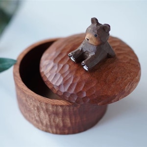 Hand-Carved Bear Figure Jewelry Box, Whimsical Wood Decoration