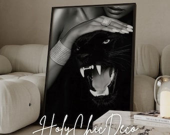 Luxury Fashion Print - Model & Panther Poster, Modern Chic Black and White Wall Art, Digital Download