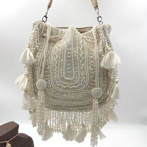 Handmade Beaded Potli Bag: Pearl Sequin Tassel Pouch - Ivory & Blush