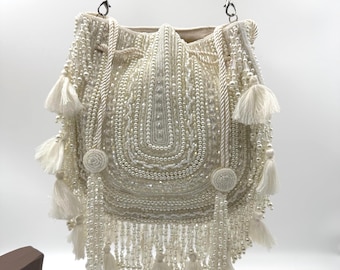 Handmade Beaded Potli Bag: Pearl Sequin Tassel Pouch - Ivory & Blush