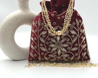 Embroidered Velvet Potli Bag: Indian Wedding Clutch with Pearl Handle