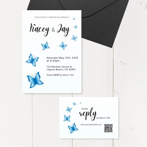 May include: Wedding invitation suite featuring a white invitation card with blue butterfly illustrations and the names "Kacey & Jay". Includes a matching RSVP card and a black envelope. The invitation details the wedding date, time, and location.