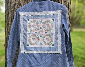 Upcycled bkue buttondown with vintage goose and house print