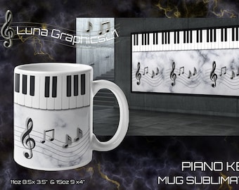 May include: White ceramic mug with a sublimation design of piano keys and musical notes on a marble background. The mug is 11oz and 8.5 inches by 3.5 inches, or 15oz and 9 inches by 4 inches.