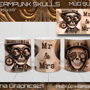 STEAMPUNK SKULLS 11oz & 15oz Coffee Mug Design PNG File Great Wedding Gift