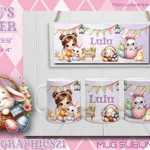 May include: A set of sublimation designs featuring a girl with brown hair holding a bunny, a bunny in a basket, and a bunny with glasses. The designs include the name "Lulu" and the text "Happy Easter". The designs are available in 11oz and 15oz mug sizes.
