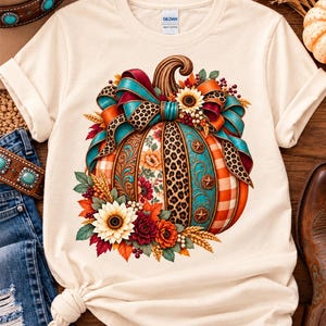 Può includere: Una t-shirt a maniche corte color crema con una grafica centrale raffigurante una zucca decorata con stampa leopardata, turchese e motivi floreali. La zucca è ornata da un grande fiocco turchese, girasoli e foglie autunnali.