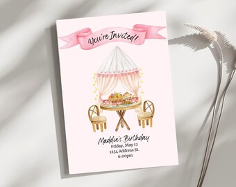 Editable Pink Picnic Birthday Invitation Template | Girls Garden Party Invite | Instant Download | Canva Template | Printable Card