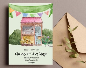 Editable Garden Café Birthday Invitation Template | Birthday Printable Invite | Cute Watercolor Design | Instant Download Canva